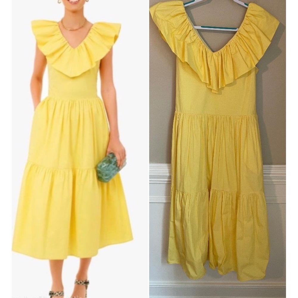 Hyacinth House Tuckernuck Jo Dress Yellow Ruffle V-Neck Tiered Midi Size S